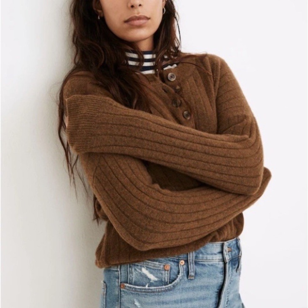 Madewell Bowden Henley Sweater in Coziest Yarn -Heather Mulch - Merino Alpaca